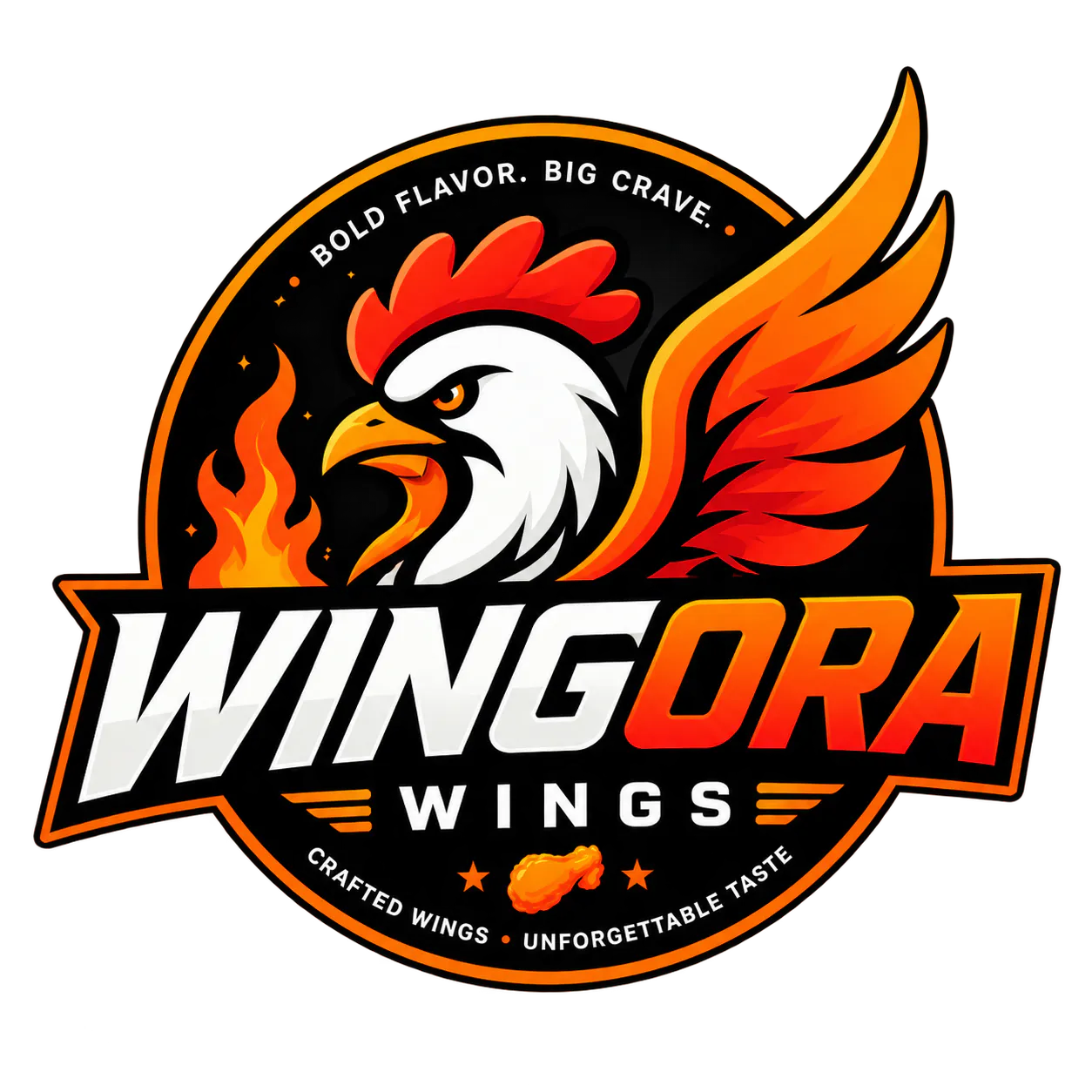 Wingora Wings logo with a fiery rooster and bold orange lettering.